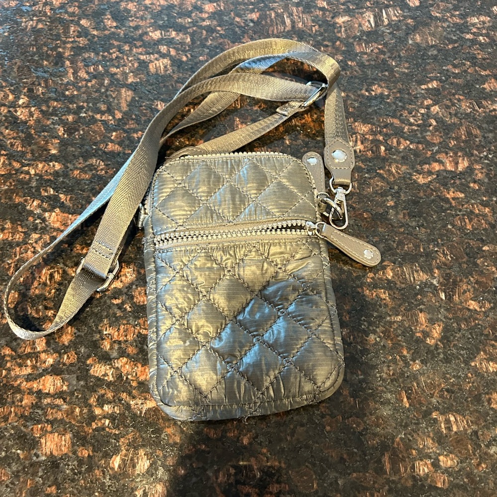 Gray Crossbody Bag with Embossed Patterns and Metal Clasp
